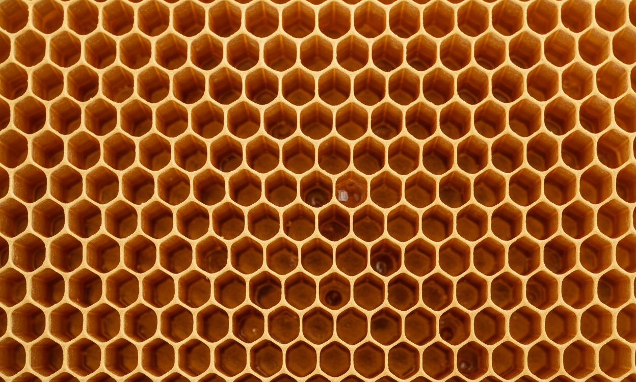 نمای نزدیک از سلول‌های شش‌ضلعی موم عسل پر از عسل | Honeycomb